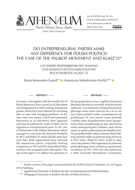 Do Entrepreneurial Parties Make Any Difference for Polish Politics? the Case of the Palikot Movement Andf Kukiz'15