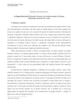 La Lingua Litteraria Di Guarino Veronese E La Cultura Teatrale a Ferrara Nella Prima Metà Del XV Secolo