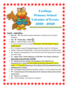 Carthage Primary School Calendar of Events 2019 – 2020