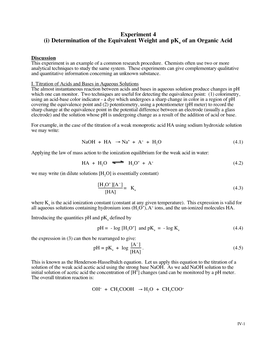 (I) Determination of the Equivalent Weight and Pka of an Organic Acid