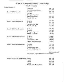 2021 PAC-12 Women's Swimming Championships Finals Time Line