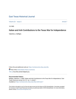 Italian and Irish Contributions to the Texas War for Independence