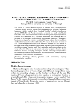 EAST TUSOM: a PHONETIC and PHONOLOGICAL SKETCH of a LARGELY UNDOCUMENTED TANGKHULIC LANGUAGE David R