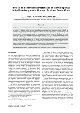 Physical and Chemical Characteristics of Thermal Springs in the Waterberg Area in Limpopo Province, South Africa