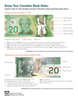 Know Your Canadian Bank Notes ALWAYS LOOK at TWO OR MORE SECURITY FEATURES WHEN CHECKING BANK NOTES