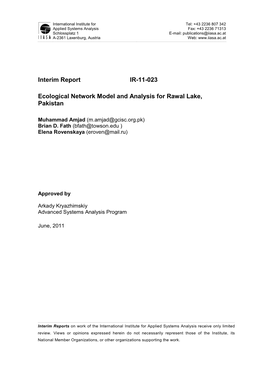 Interim Report IR-11-023 Ecological Network Model and Analysis for Rawal Lake, Pakistan