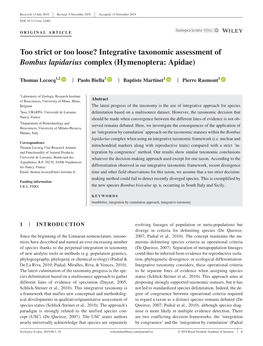 Too Strict Or Too Loose? Integrative Taxonomic Assessment of Bombus Lapidarius Complex (Hymenoptera: Apidae)