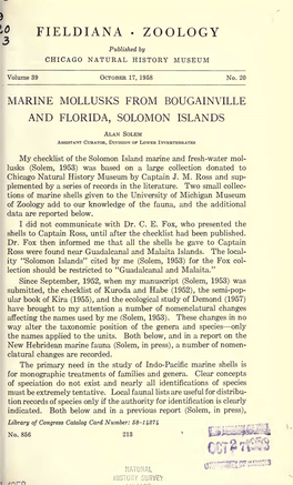 Marine Mollusks from Bougainville and Florida, Solomon Islands