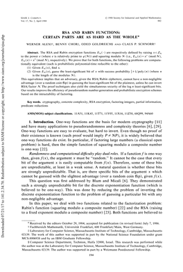 Rsa and Rabin Functions: Certain Parts Are As Hard As the Whole*