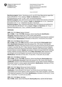 Sanctions Program: Syrien: Verordnung Vom 8. Juni 2012 Über Massnahmen Gegenüber Syrien (SR 946.231.172.7), Anhang 7 Origin: EU Sanctions: Art