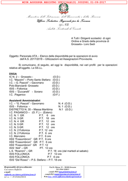 Nota Uff.VII Gr. Prot. 2991 Del 1 Settembre 2017