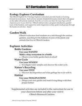 K/1 Curriculum Contents