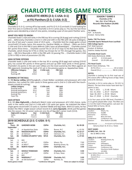 CHARLOTTE 49ERS GAME NOTES CHARLOTTE 49ERS (2-3; C-USA: 0-1) SEASON 7 GAME 6 Charlotte at FIU at FIU Panthers (2-3; C-USA: 0-2) Sat., Oct