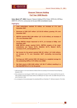 Orascom Telecom Holding Full Year 2008 Results Highlights