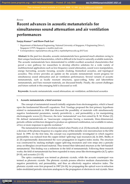 Recent Advances in Acoustic Metamaterials for Simultaneous Sound Attenuation and Air Ventilation Performances