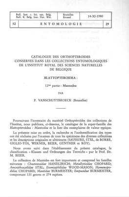 52 1 Entomologie 14-Xi-1980 Catalogue Des