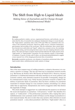 The Shift from High to Liquid Ideals Making Sense of Journalism and Its Change Through a Multidimensional Model