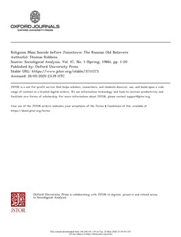 Religious Mass Suicide Before Jonestown: the Russian Old Believers Author(S): Thomas Robbins Source: Sociological Analysis, Vol