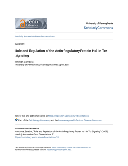 Role and Regulation of the Actin-Regulatory Protein Hs1 in Tcr Signaling