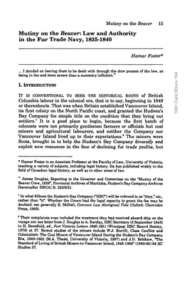 Mutiny on the Beaver 15 Mutiny on the Beaver: Law and Authority in the Fur Trade Navy, 1835-1840