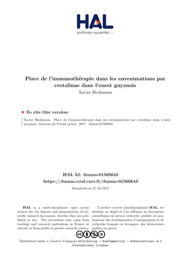 Place De L'immunothérapie Dans Les Envenimations Par Crotalinae Dans L'ouest Guyanais