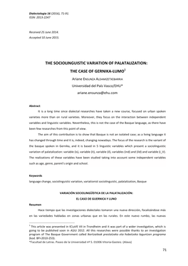 The Sociolinguistic Variation of Palatalization: the Case of Gernika-Lumo1