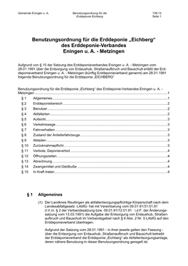 Benutzungsordnung Für Die Erddeponie „Eichberg“ Des Erddeponie-Verbandes Eningen U