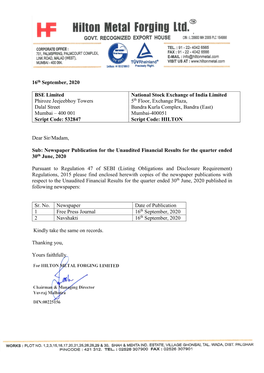 Newspaper Publication for the Unaudited Financial Results for the Quarter Ended 30Th June, 2020