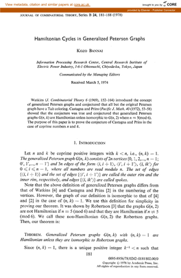 Hamiltonian Cycles in Generalized Petersen Graphs Let N and K Be