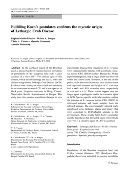 Fulfilling Koch's Postulates Confirms the Mycotic Origin of Lethargic Crab