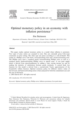 Optimal Monetary Policy in an Economy with Inflation Persistence