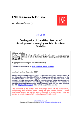 Dealing with Dirt and the Disorder of Development: Managing Rubbish in Urban Pakistan