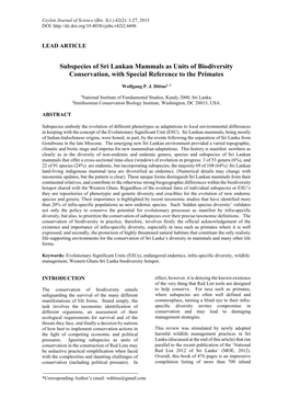 Subspecies of Sri Lankan Mammals As Units of Biodiversity Conservation, with Special Reference to the Primates