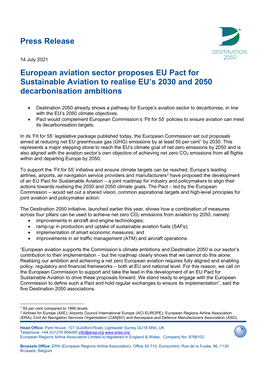 Press Release European Aviation Sector Proposes EU Pact for Sustainable Aviation to Realise EU's 2030 and 2050 Decarbonisation