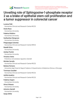 Unveiling Role of Sphingosine-1-Phosphate Receptor 2 As a Brake of Epithelial Stem Cell Proliferation and a Tumor Suppressor in Colorectal Cancer