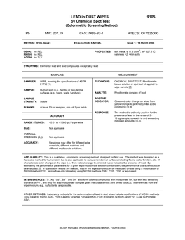 LEAD in DUST WIPES 9105 by Chemical Spot Test (Colorimetric Screening Method)