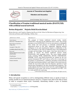 Classification of Iranian Traditional Musical Modes (DASTGÄH) with Artificial Neural Network