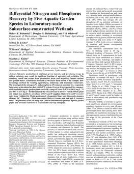 Differential Nitrogen and Phosphorus Recovery by Five Aquatic Garden