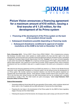 Pixium Vision Announces a Financing Agreement for a Maximum Amount of €10 Million, Issuing a First Tranche of € 1.25 Million, for the Development of Its Prima System