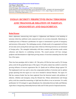 Indian Security Perspectives from Terrorism and Triangular Relation of Pakistan, Afghanistan and Balochistan