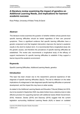 A Literature Review Examining the Impact of Genetics on Additional Learning Needs, and Implications for Learners’ Academic Success