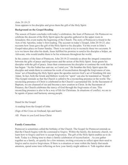Pentecost John 20:19-23 Jesus Appears to His Disciples and Gives Them the Gift of the Holy Spirit. Background on the Gospel Read