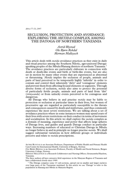 SECLUSION, PROTECTION and AVOIDANCE: EXPLORING the METIDA COMPLEX AMONG the DATOGA of NORTHERN TANZANIA Astrid Blystad Ole Bjørn Rekdal Herman Malleyeck