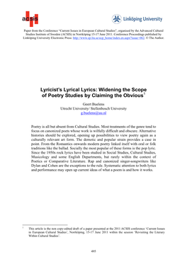 Lyricist's Lyrical Lyrics: Widening the Scope of Poetry Studies by Claiming the Obvious