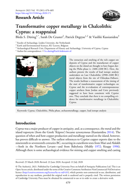 Transformative Copper Metallurgy in Chalcolithic Cyprus: a Reappraisal Bleda S