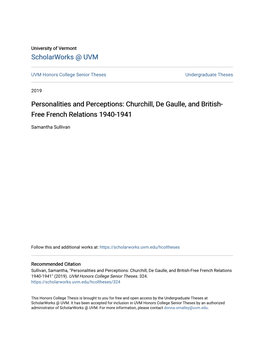 Personalities and Perceptions: Churchill, De Gaulle, and British-Free French Relations 1940-1941