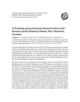 U/Pb Dating and Geochemical Characterization of the Brocken and the Ramberg Plutons, Harz Mountain, Germany J