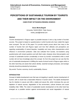 Perceptions of Sustainable Tourism by Tourists and Their Impact on the Environment Case Study of Rugova Region, Kosovo