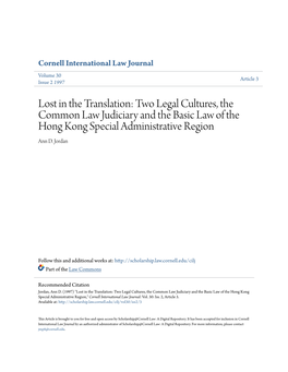 Two Legal Cultures, the Common Law Judiciary and the Basic Law of the Hong Kong Special Administrative Region Ann D