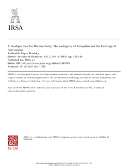 The Ambiguity of Perception and the Paintings of Paul Cézanne Author(S): Joyce Brodsky Source: Artibus Et Historiae, Vol